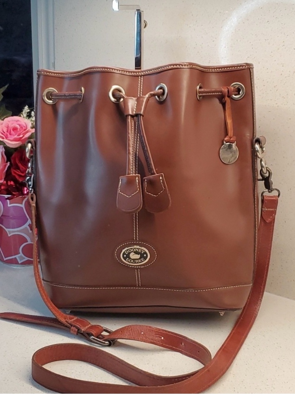 Dooney & Bourke Vintage Brown Smooth Wexford Leather Bucket Bag, Made in USA